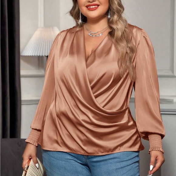 Luxe hot pink bishop sleeve surplice neck shirred cuff blouse - Picture 12 of 16